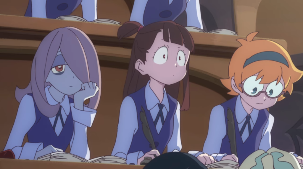 Sucy, Akko, and Lotte in class in "Little Witch Academia."