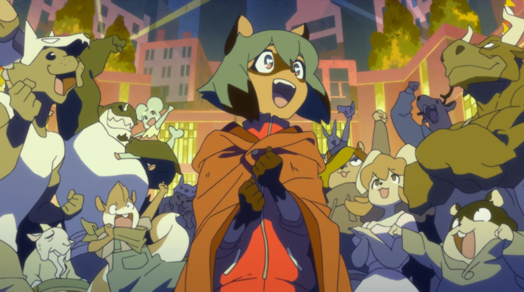 A raccoon-girl stands in the middle of a crowd of other animal-people, with a look of amazement on her face.