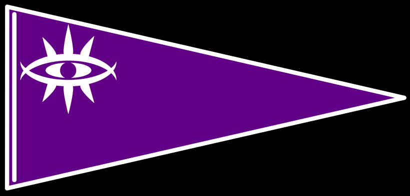 Captain Fryte's pirate flag: a stylised eye in white on a purple pennant.
