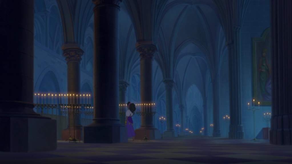 A scene from "The Hunchback of Notre Dame", an interior shot of the church.