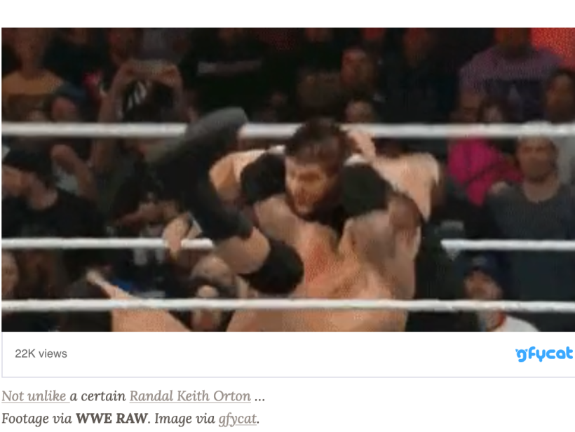 A still of a .gif of Randy Orton delivering an RKO to Kevin Owens with the caption "Not unlike a certain Randal Keith Orton."