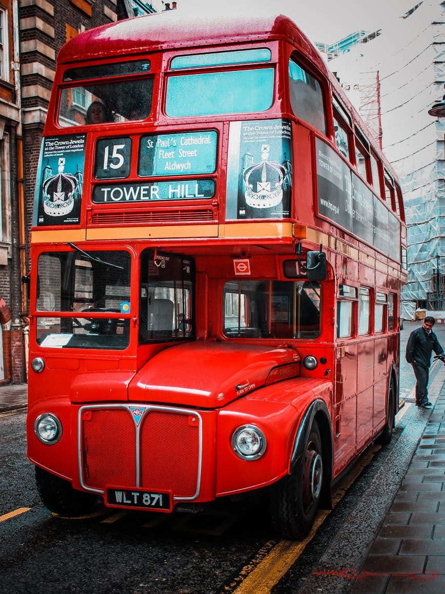 A red double-decker bus.