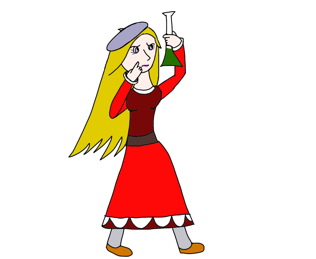 A sketch of Realmgard character Apolline: a woman in a red and white dress thoughtfully looking at a flask of green liquid.