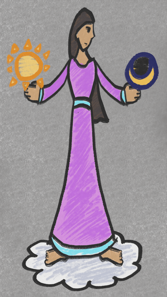 Art of the goddess Malketa" a woman in purple standing on a cloud, holding the Sun and Moon.
